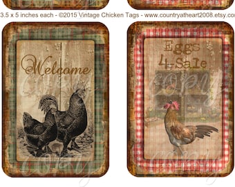 Vintage Chicken Tags - 3.5 x 5 inches - Printable  Digital Collage Sheet - Download Images - Tags - INSTANT DOWNLOAD