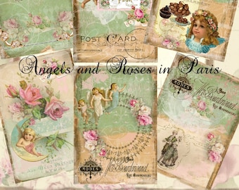 Instant Download  - Angels and Roses in Paris - ACEO - Digital Download - Printable  Digital Collage Sheet
