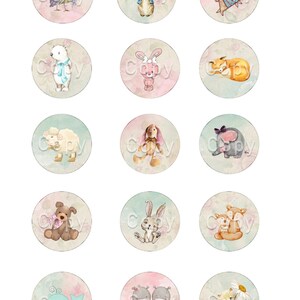 May include: Printable sheet of 35 1-inch circles featuring various cute animal illustrations. The animals include a bluebird, bunny, fox, bear, lamb, elephant, whale, hippo, and cat. Each circle has a watercolor background with floral accents.
