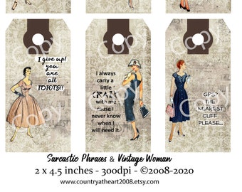 Sarcastic Phrases and Vintage Woman Tags - Digital Download - Printable  Digital Collage Sheet