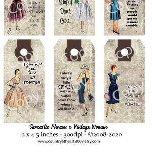 Sarcastic Phrases and Vintage Woman Tags - Digital Download - Printable  Digital Collage Sheet