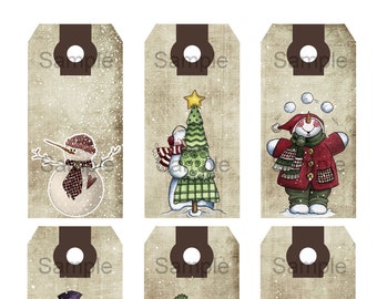 Snowman Tags - Digital Download - Printable  Digital Collage Sheet - romantic - old aged images