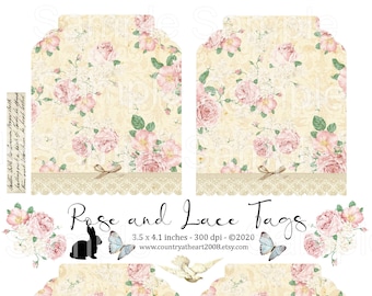 Rose and Lace Tags - Digital Download - Printable  Digital Collage Sheet - Digital Paper - journal tags - Scrapbook Tags