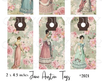Jane Austen Tags - 2 x 4.5 inches - Printable  Digital Collage Sheet - DownLoad - Tags - Romantic