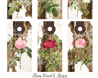 Instant Download  - Barn Wood and Roses Tags -   Digital Download - Printable  Digital Collage Sheet