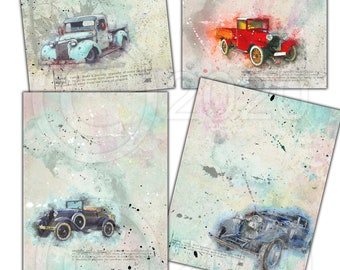 Vintage Car and Truck Papers - Watercolor  Full Size Sheets of Printable Paper - Digital Download - Journal Paper - Digital Paper