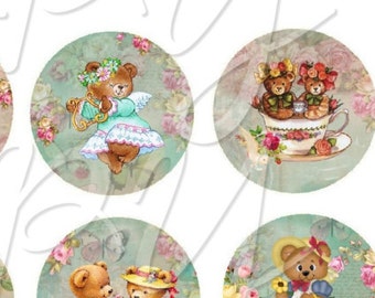 Sweet Teddy Bears - 1 inch circles  -  Printable Digital Collage Sheet - Digital Download