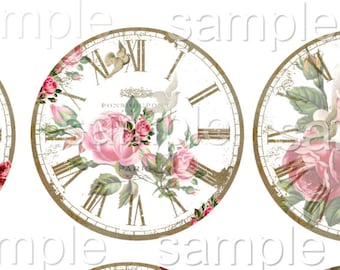 Shabby Rose  Clocks- 2.5 inch Circles - Printable Digital Collage Sheet - Digital Download
