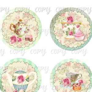 May include: Twelve 2-inch round printable digital scrapbook paper circles featuring vintage teacups, teapots, and pastries in a pastel color scheme with floral accents. The circles are perfect for crafting projects, scrapbooking, and party decorations.