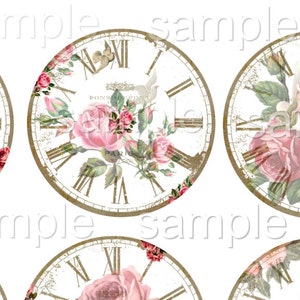 Shabby Rose  Clocks- 2.5 inch Circles - Printable Digital Collage Sheet - Digital Download