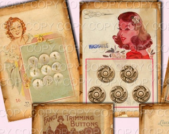 Vintage Made Button Cards - ACEO -  Printable Digital Collage Sheet - Digital Download - Instant Download