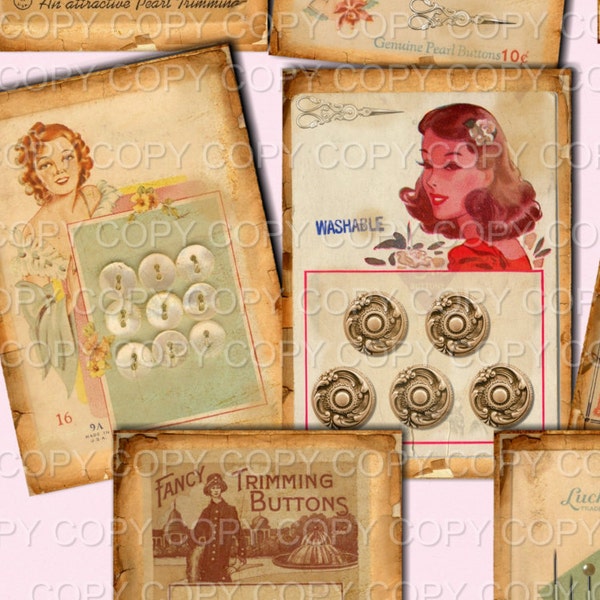 Vintage Made Button Cards - ACEO -  Printable Digital Collage Sheet - Digital Download - Instant Download
