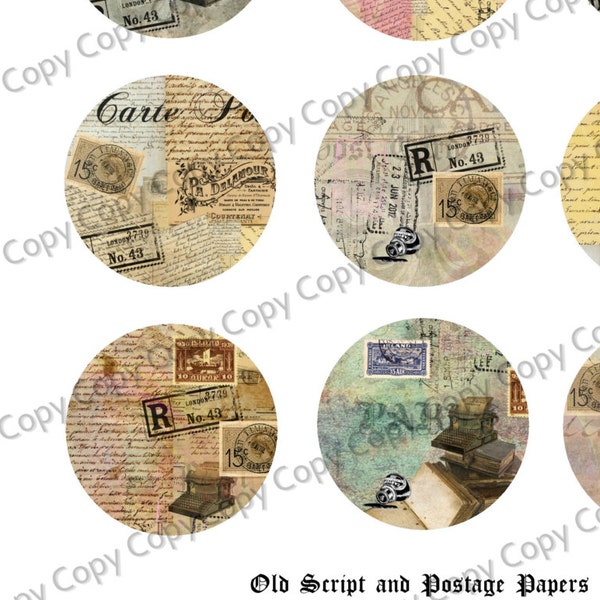 Instant Download  - 2 Inch Circles  - Old Script and Postage Papers  -  Printable Digital Collage Sheet - Digital Download