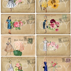 Pocztówki Vintage Woman - 2,5 x 3,5 cala - Wydrukowany cyfrowy arkusz kolażu - Pobieranie cyfrowe