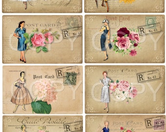 Vintage Woman Postcards - 2.5 x 3.5  inches  -  Printable Digital Collage Sheet - Digital Download