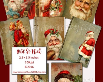 May include: A digital collage of vintage illustrations of Santa Claus. The images feature Santa Claus in various poses, including holding a bag of toys, peeking out from behind a door, and interacting with children. The images are in a vintage style with a red, white, and green color scheme. The text "Old St. Nick" is included in the image, along with the dimensions "2.5 x 3.5 inches" and the resolution "300dpi".