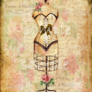 May include: A vintage-style dress form with a brown and white corset, a green bow, and a black and white trim. The dress form is on a metal stand with a floral background.
