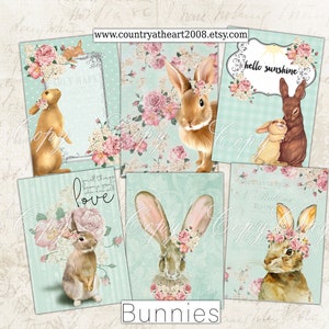 BUNNIES - 2.5 X 3.5  inches -  Collage Sheet - Printable Download - Gift Tags - Scrapbook