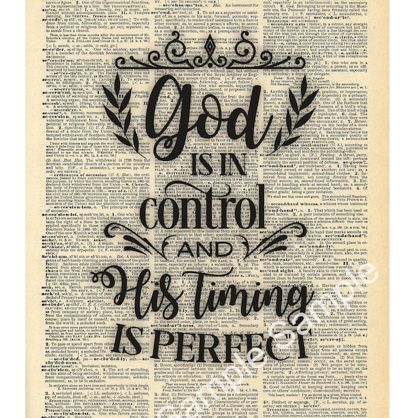 INSTANT DOWNLOAD  - Vintage Dictionary Sheet with Script - God is in Control -  Digital Download -  Print and Frame Quote