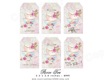 Instant Download  - Rose Tea Tags - Digital Download - Printable  Digital Collage Sheet