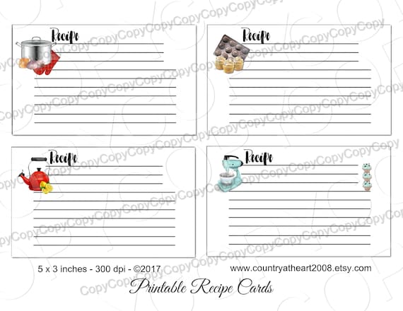 Printable Recipe Cards - 5 X 3 inches  - Digital Download - Printable Download - Gift Tags - Scrapbook