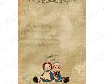 INSTANT DOWNLOAD  -Antique Altered Notebook Paper Raggedy Ann and Andy -  Digital Download -  Image- Digital - Images - Original