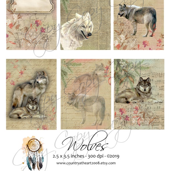 Loups - impression de loup - 2,5 x 3,5 pouces - feuille de collage numérique imprimable - téléchargement numérique - tags - scrapbooking - journal indésirable