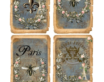 Instant Download  Paris France Tags - 3 X 5  -  High quality Collage Sheet - Printable Download - Gift Tags - Scrapbook