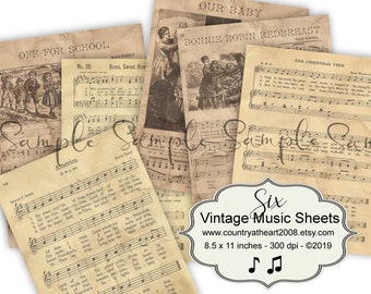 6 Sheets of Printable Vintage Music  - Journaling Papers - Printable Digital Collage Sheet - Digital Download Scrapbooking paper