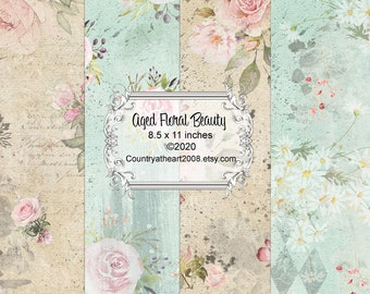 Aged Floral Beauty - 4 Full Size Sheets of Printable Papers - Digital Download - Journal Paper