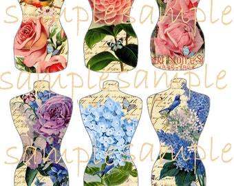 Torso Dress Forms No. 4-   - Printable Digital Collage Sheet - Digital Download- roses florals flowers romantic French