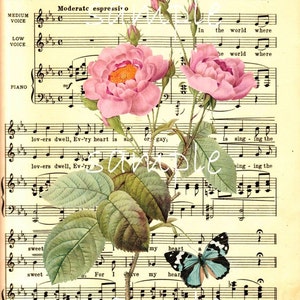 DESCARGA INSTANTE Imagen Única - Partitura Vintage con Rosas - Patrones de Transferencia - Imprimible- Rosas Florales Flores Románticas Francesas