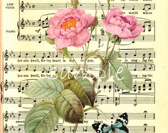 INSTANT DOWNLOAD Single Image - Vintage Music Sheet with Roses - Transfer Patterns - Printable- Roses Florals Flowers Romantic French