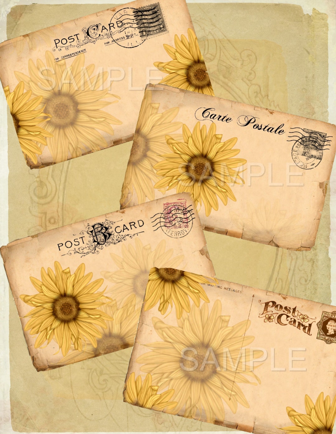 Fall Instant Download Vintage Postcards Sunflowers Printable Digital ...