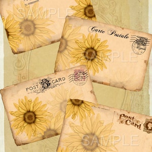Fall - Instant Download    Vintage Postcards Sunflowers  -  Printable Digital Collage Sheet