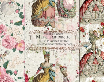 Puede incluir: Papel digital imprimible con cuatro imágenes de María Antonieta en diferentes vestidos y peinados. El fondo es un patrón floral vintage con rosas rosadas y un fondo blanco texturizado. El texto "Printable Papers Marie Antoinette 8.5 x 11 inches ©2020 countrytheart2008.etsy.com" está incluido en la imagen.