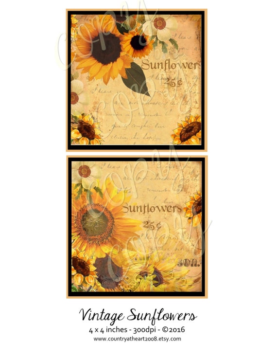 Printable digital collage sheet Digital Download 2 x 3.5 Printable Gift Tags Collage sheet Autumn Fall images Vintage Sunflower