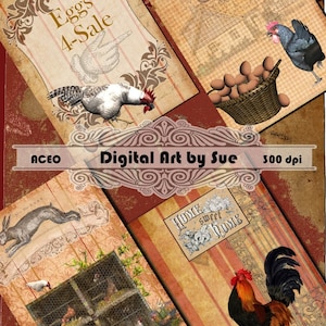 Chickens and Roosters - 2.5 x 3.5 - ACEO  - Printable  Digital Collage Sheet