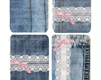 Denim and Lace - 3 X 5  -  Collage Sheet - Printable Download - Gift Tags - Scrapbook