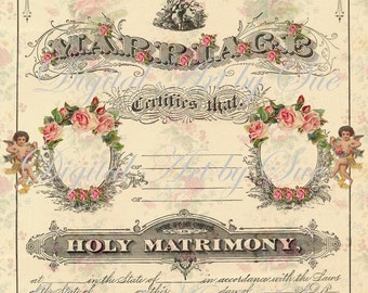 Puede incluir: Un certificado de matrimonio de estilo vintage con diseños florales ornamentados y un borde decorativo. El texto dice "Este Certificado de Matrimonio Certifica que... de acuerdo con las Leyes del Estado de... este... día de... En Presencia de... Firmado."