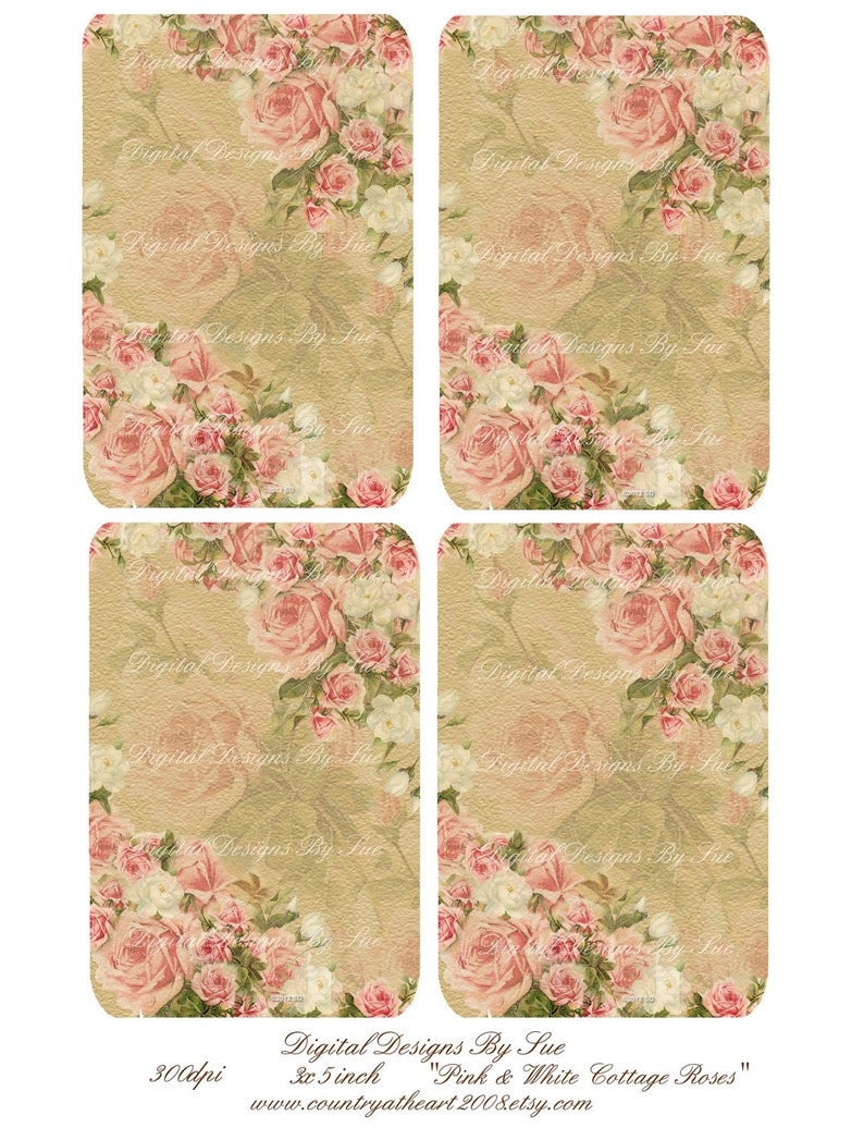 Tags Printable Digital Collage Sheet INSTANT DOWNLOAD Download Images 3x5 Pink /& White Cottage Roses Ephemera Romantic