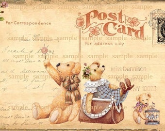 Mini Postcard Bears  Single  Small Image - Printable Digital Image Collage Sheet -