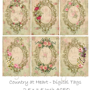 May include: Six digital tags featuring ornate gold frames with floral embellishments. The frames are oval shaped and have a vintage aesthetic. The flowers are pink, white, and purple.