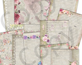 May include: A set of 10 printable digital papers featuring a vintage aesthetic with floral designs and lined paper. The papers are perfect for scrapbooking, card making, and other paper crafts.