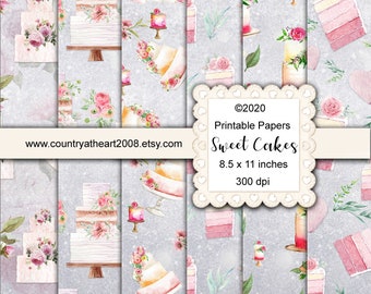 Sweet Cakes Paper Kit - 6 Full Size Sheets of Printable Papers and tags  - Digital Download - Journal Paper and tags