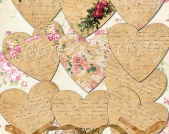 INSTANT DOWNLOAD  2 Full Sheets of 4 inch Vintage Script Hearts -  Digital Download - Printable  Digital Collage Sheet