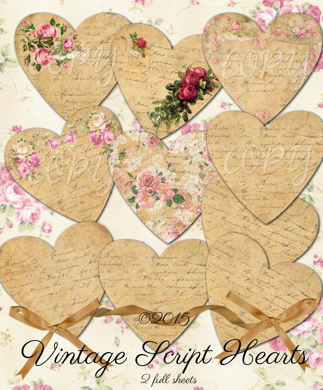 Vintage Script Hearts Collage Sheet With Roses (digital Download) - Etsy