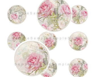 Shabby Rose -  1 inch circles - Printable Digital Collage Sheet - Digital Download