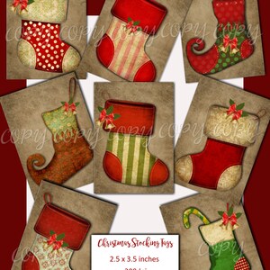 May include: Nine printable Christmas stocking tags in various colors and patterns. Each tag is 2.5 x 3.5 inches and 300dpi. The tags feature a variety of designs, including red and white polka dots, green and white stripes, and red and green plaid. The tags are perfect for adding a festive touch to your Christmas gifts.