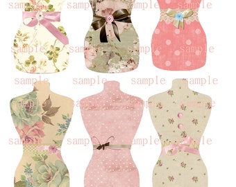 Könnte beinhalten: Sechs druckbare Kleiderformen in verschiedenen Blumen- und Tupfenmustern. Die Formen sind in Rosa-, Grün- und Beigetönen gehalten. Der Text "Digital Art By Sue Dress Forms Fashion Forms" befindet sich am unteren Rand des Bildes.